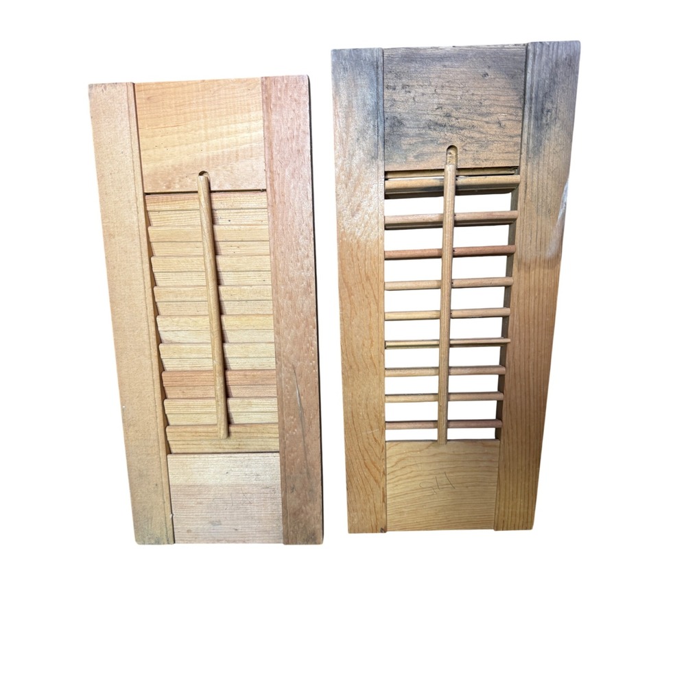 Vtg Wood Louvered Window Shutters Pair 7" x 16" Architectural Salvage DIY Decor